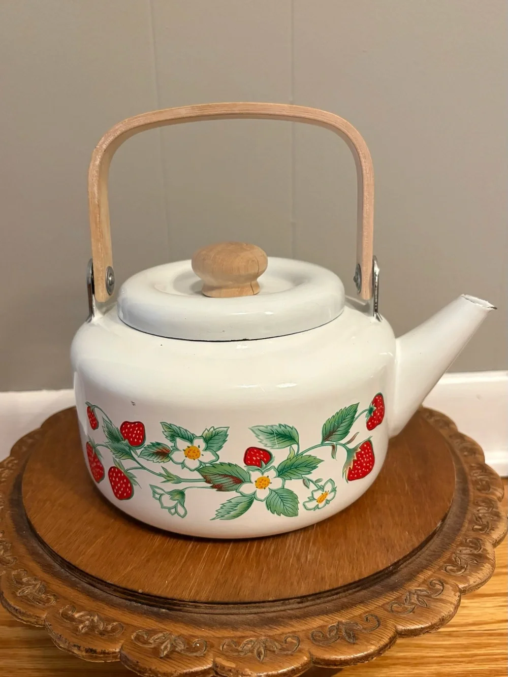 White Strawberry Floral Teapot with Wooden Handle